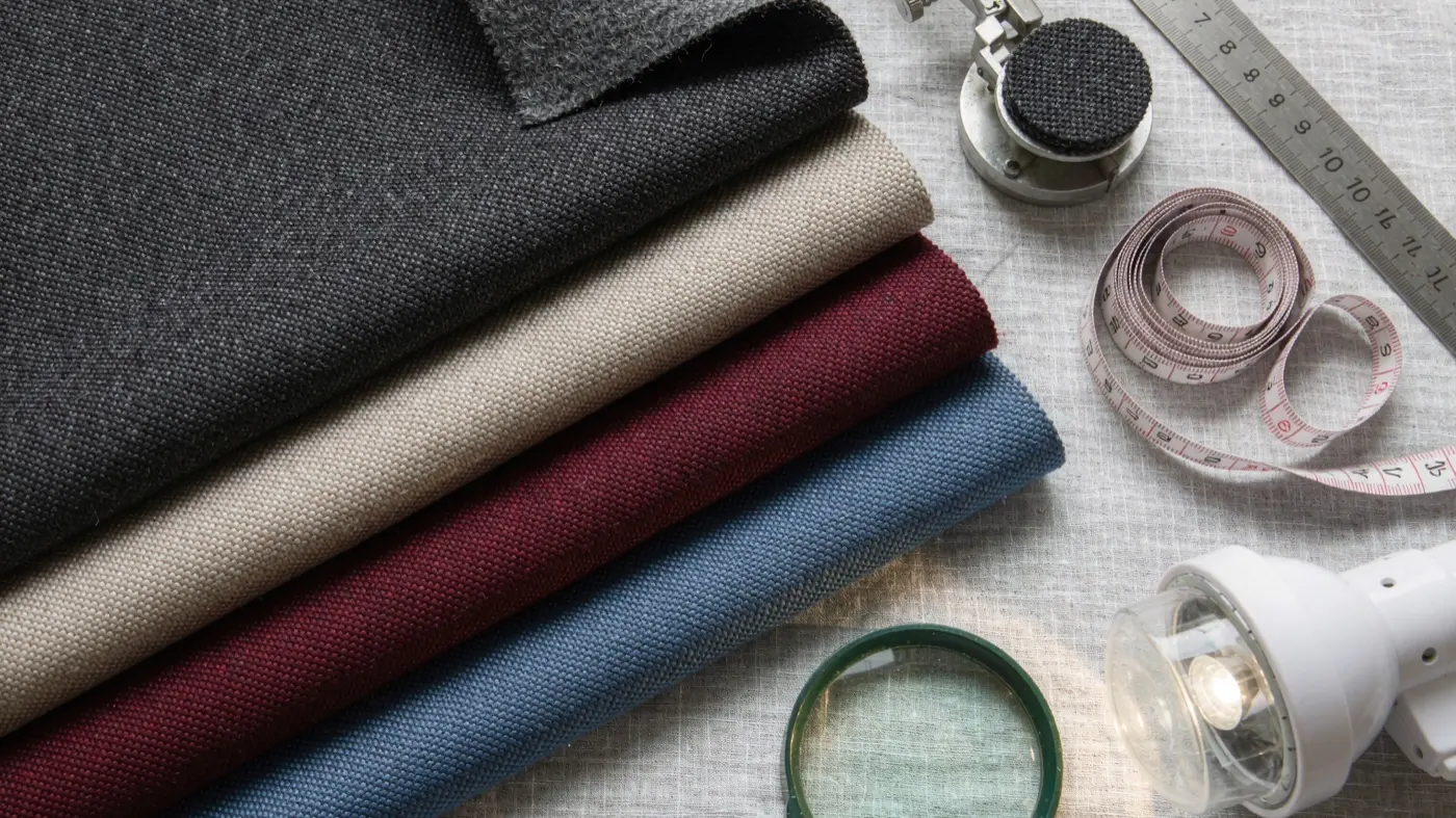 Four wool-feel bonded fabric swatches with a measuring tape, magnifying glass, GSM cutter and inspection lamp on a neutral surface.